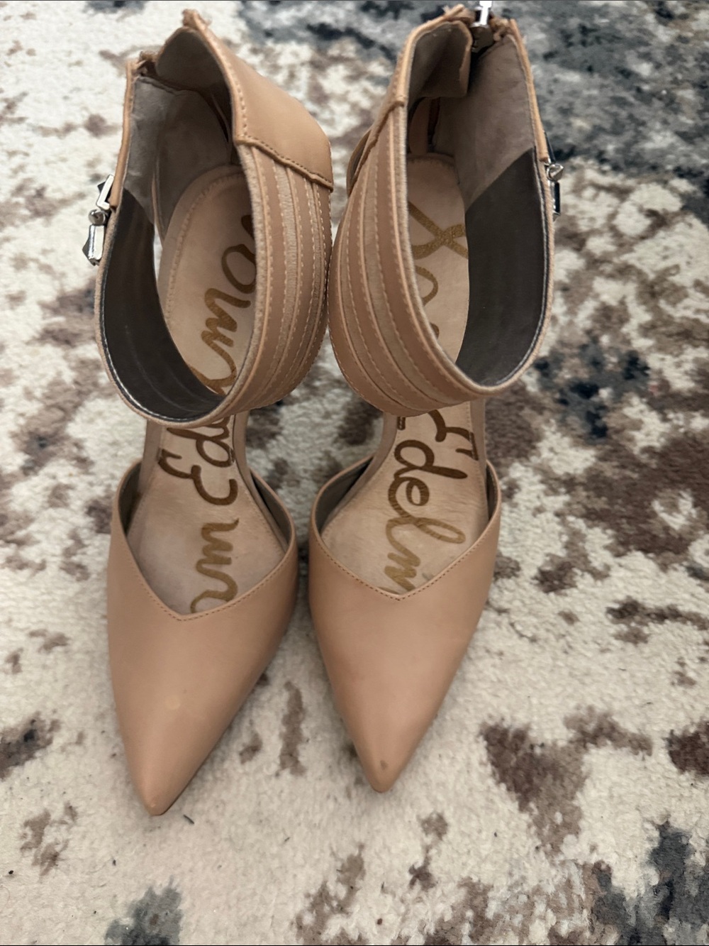 Sam Edelman Beige Pointed-Toe Ankle-Strap Pumps